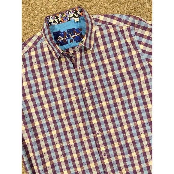 Robert Graham XL Purple Light Blue Check Button Up Short Sleeve Cotton‎ Men's - Picture 1 of 11